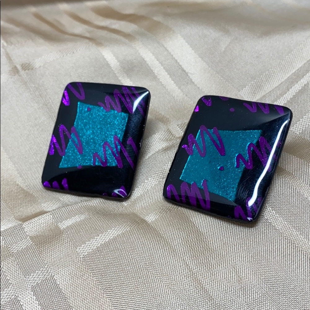 Vtg Hera Lee Marked Black Rectangular Earrings - image 1